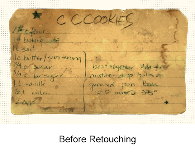 Original handwritten Chocolate Chip Cookie recipe written on a 3x5 card. It's discolored with age, stained by use, and the edges are worn.