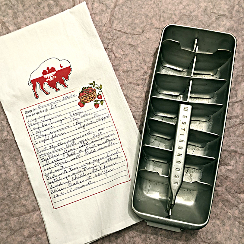 The gifted Heirloom Recipe Tea Towel with the vintage ice cub tray that the recipe calls for.