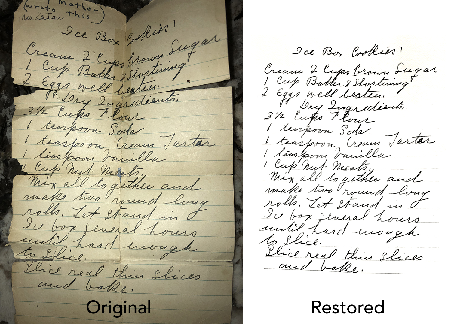 Comparison, before and after of two recipes: Old recipe torn in several places. Left is recipe badly needing restoration and right side is the recipe restored..